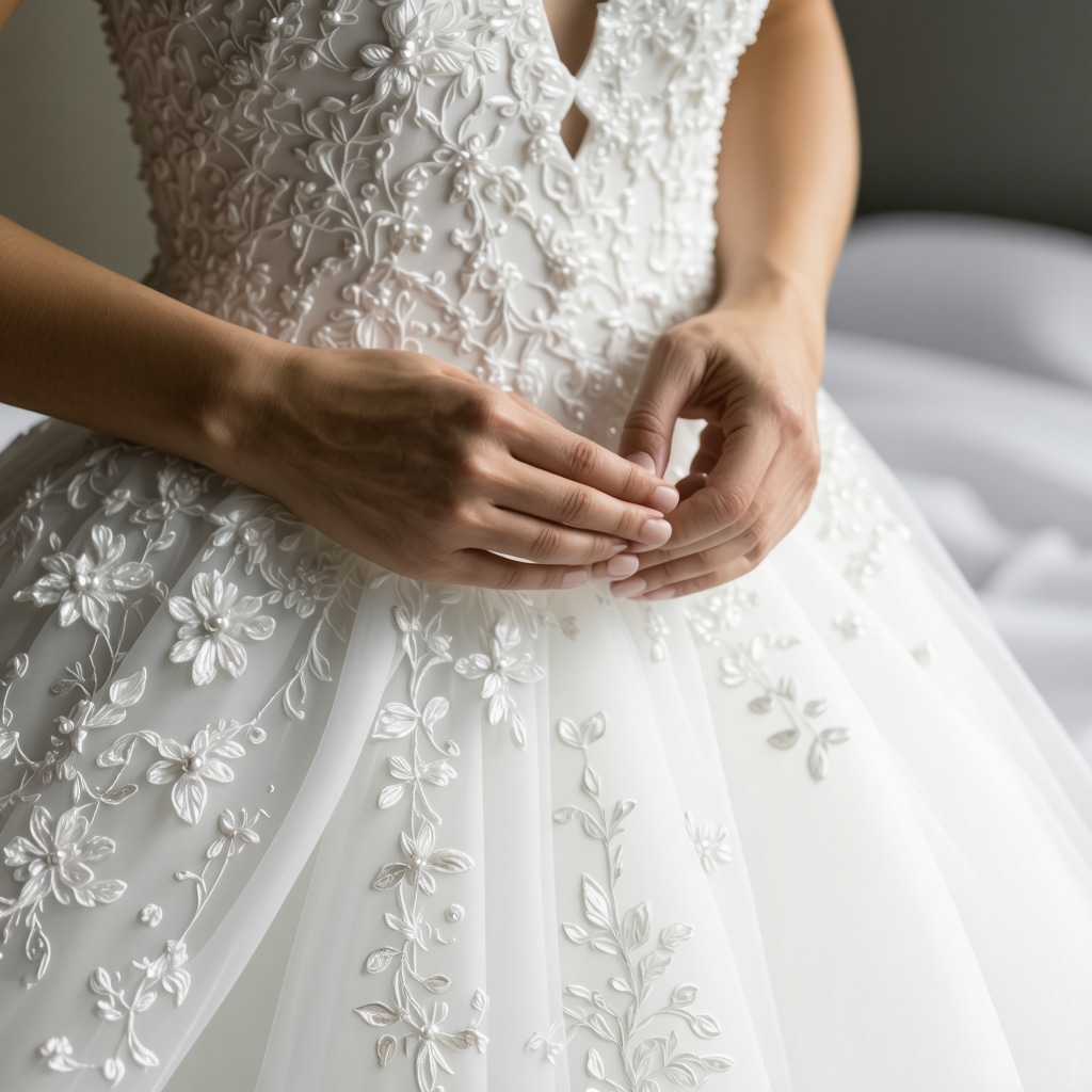 Close-up of silk lace wedding dress being cleaned with eco-friendly solvents by expert in Tampa Bay