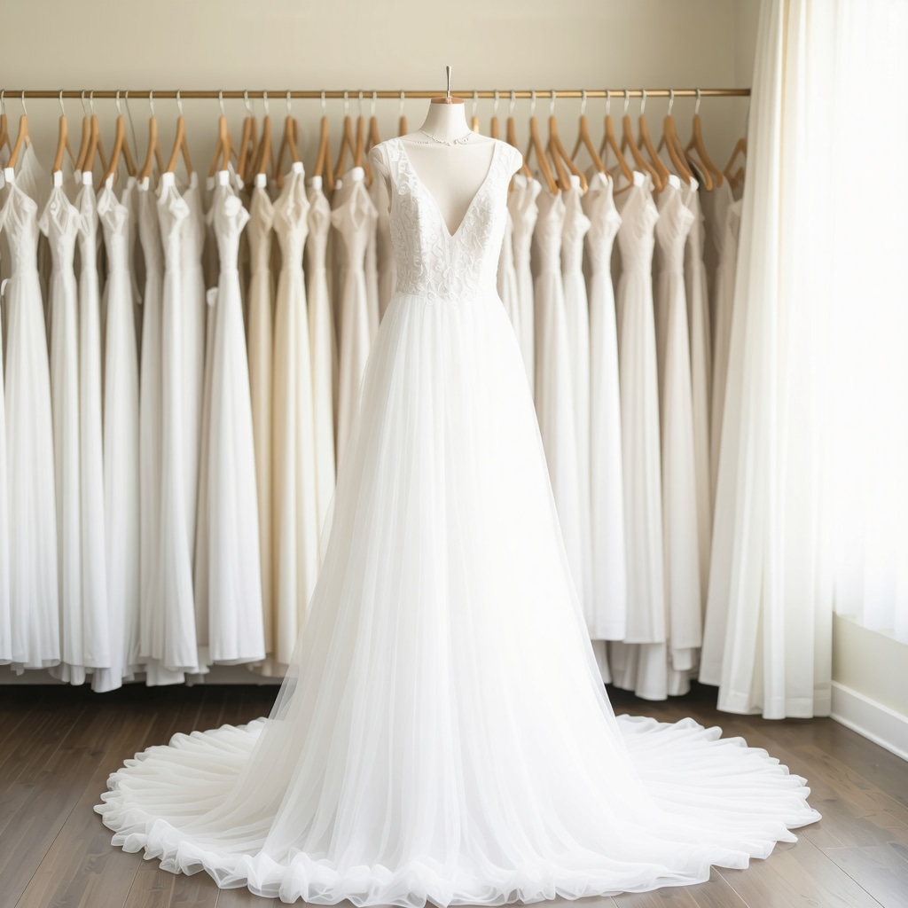 Wedding gown displayed in Tampa boutique with eco-friendly cleaning tools and natural lighting