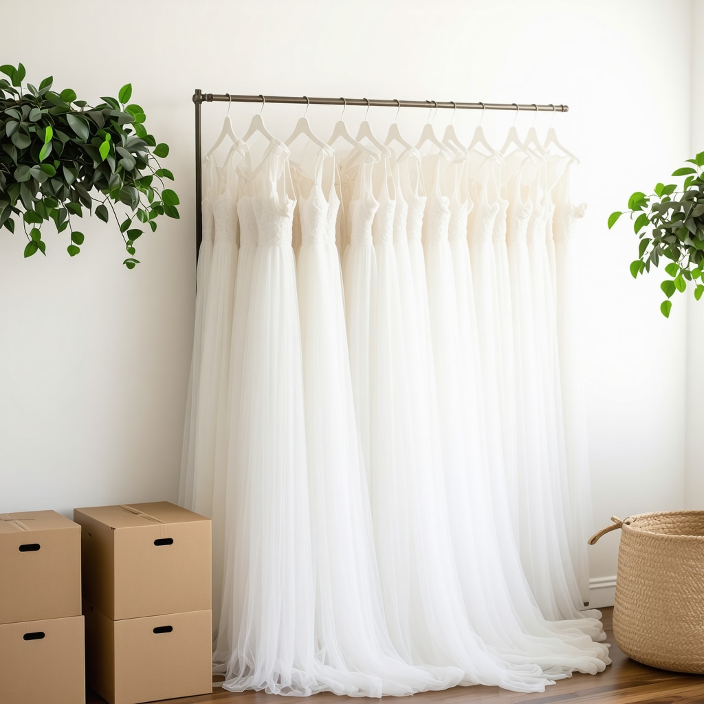 Wedding dress stored in acid-free box with organic cotton garment bag and natural humidity control in a bright Tampa studio