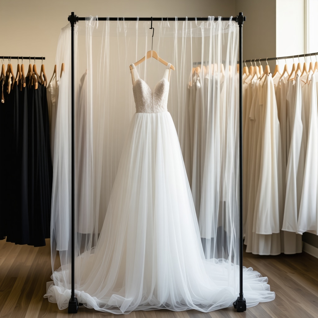 Wedding gown stored in breathable acid-free bag with natural moisture absorbers in Tampa bridal boutique