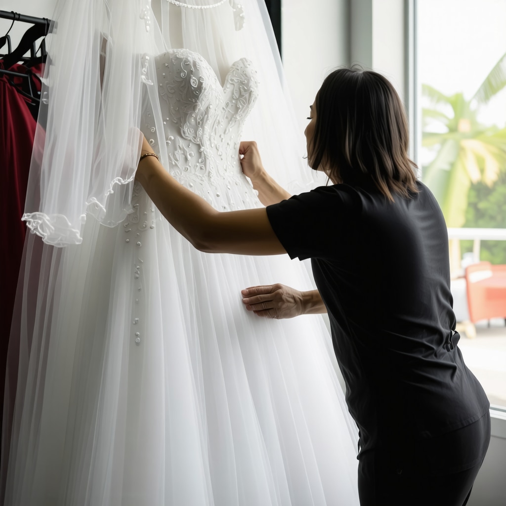 Expert cleaner gently treating bridal gown with eco-friendly solvents and delicate techniques in Tampa