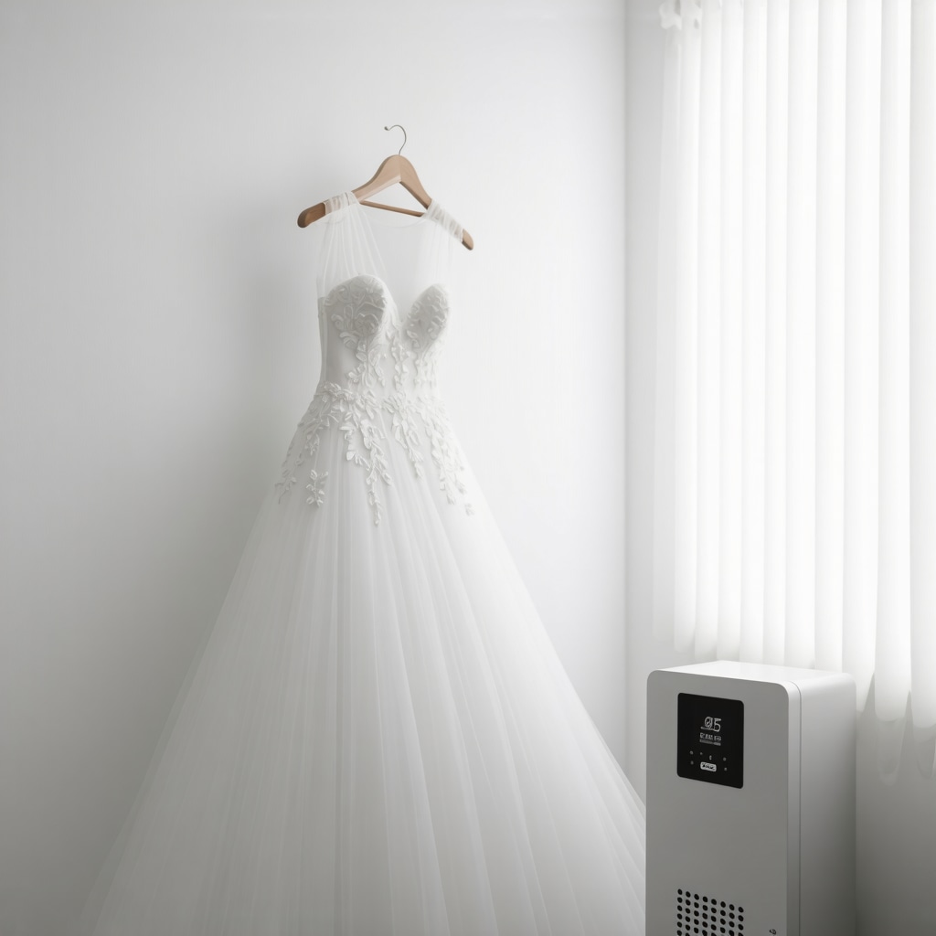 Wedding dress preserved in acid-free archival box with climate control equipment for sustainable care in Tampa