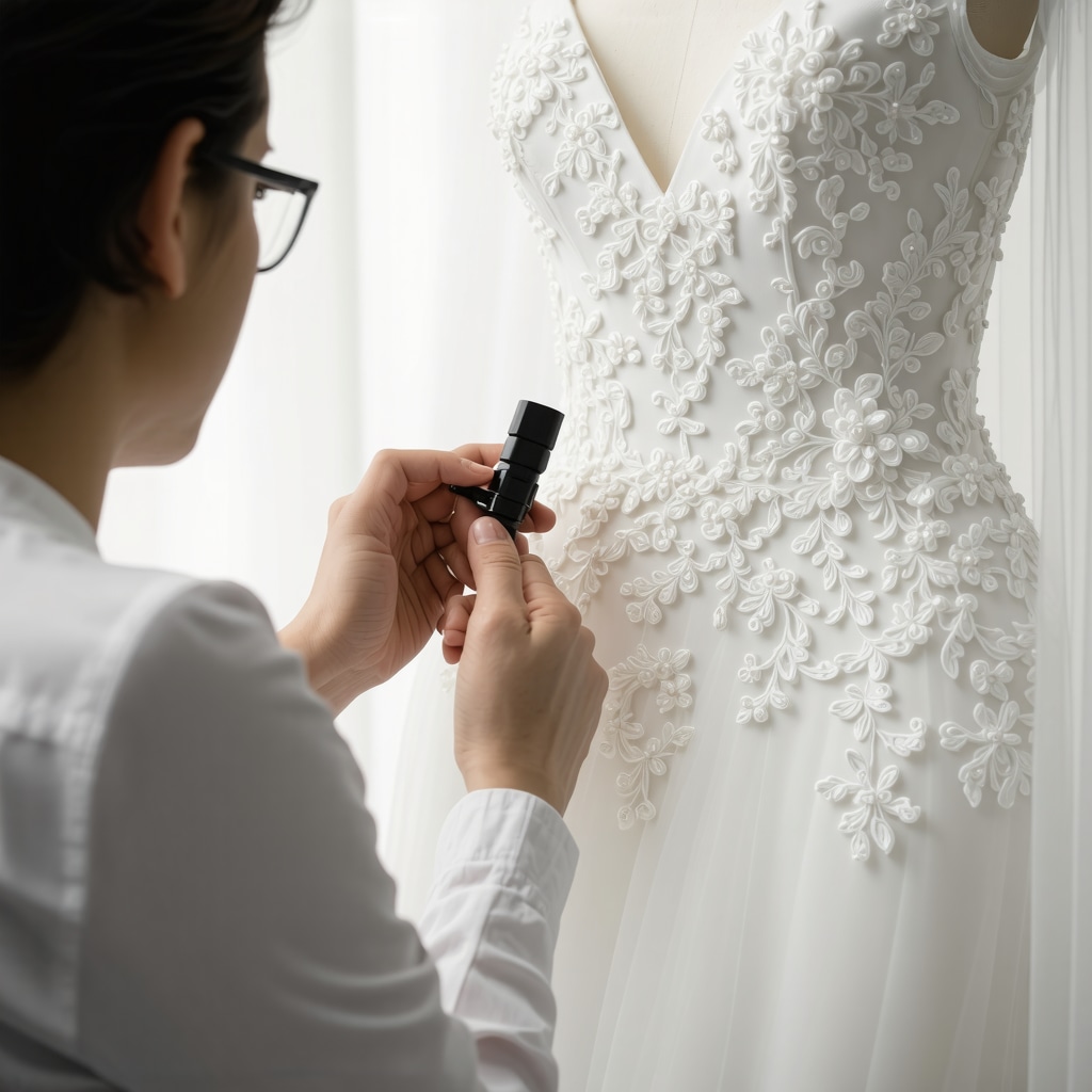 Close-up of a conservator using magnification tools to examine intricate lace and beadwork on a luxury wedding dress
