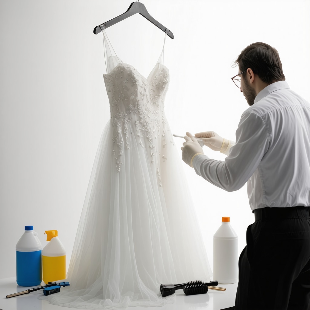 Professional conservator inspecting a delicate wedding dress with cleaning and preservation tools