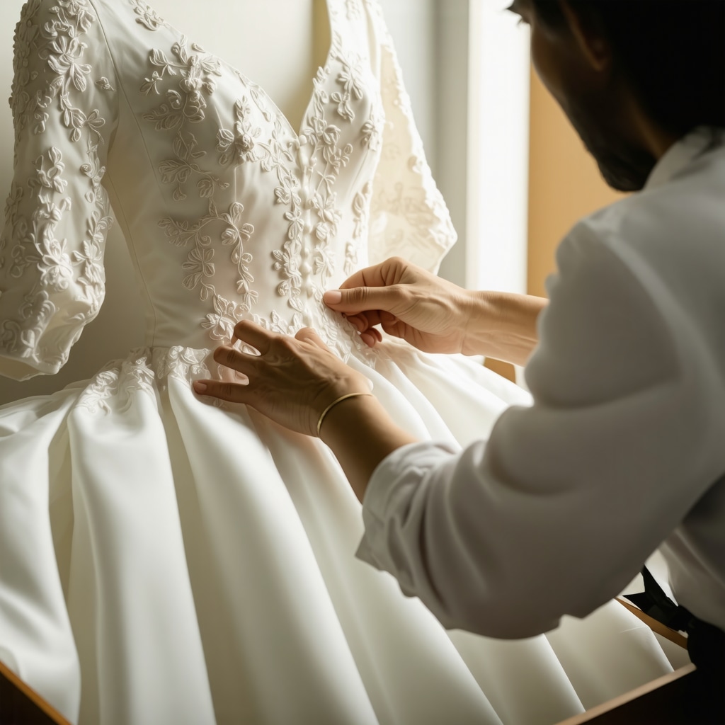 Conservator carefully preserving a vintage silk wedding dress with archival materials in a climate-controlled environment