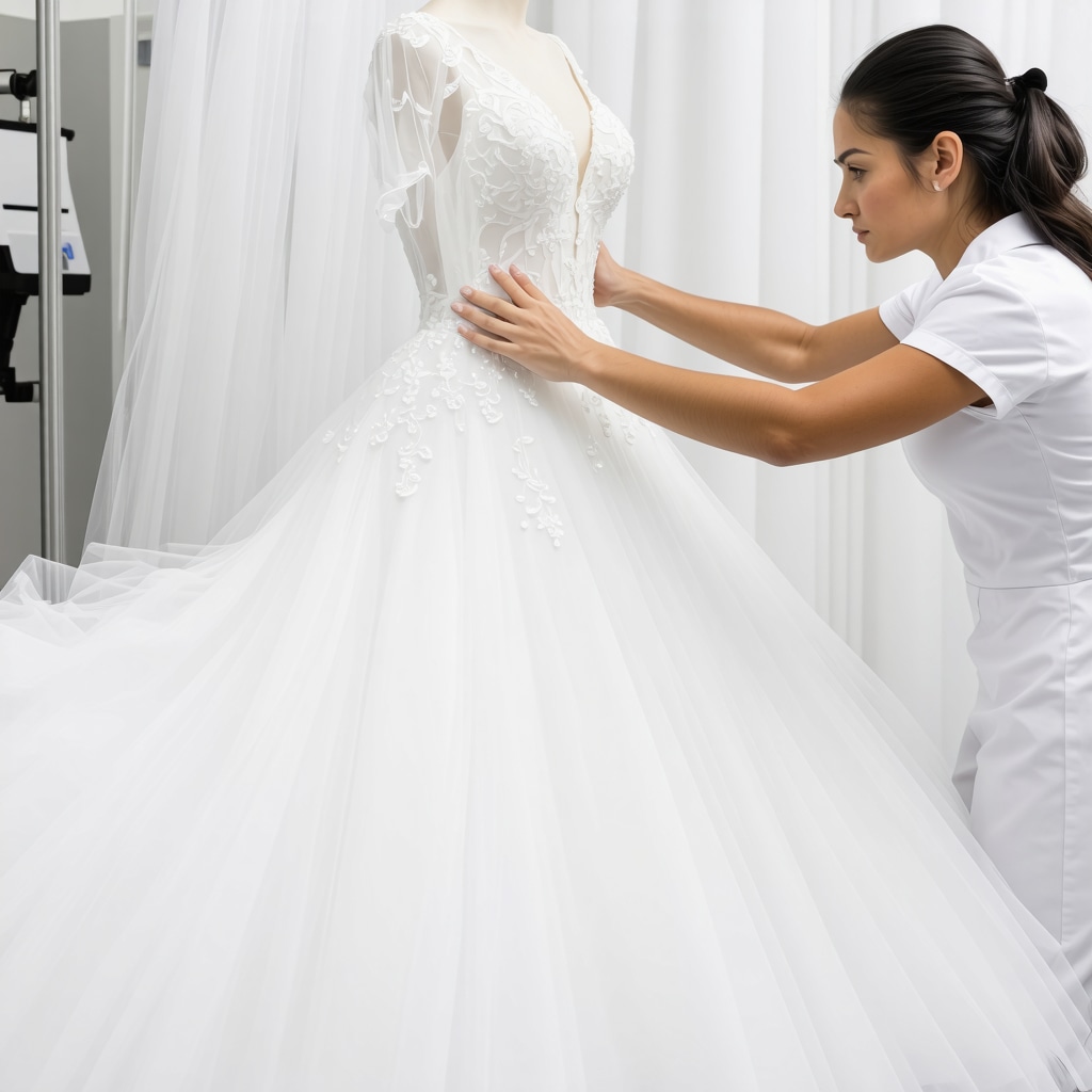 Professional cleaning specialist applying eco-friendly solvents to a silk wedding gown using ultrasonic cleaning technology in Tampa