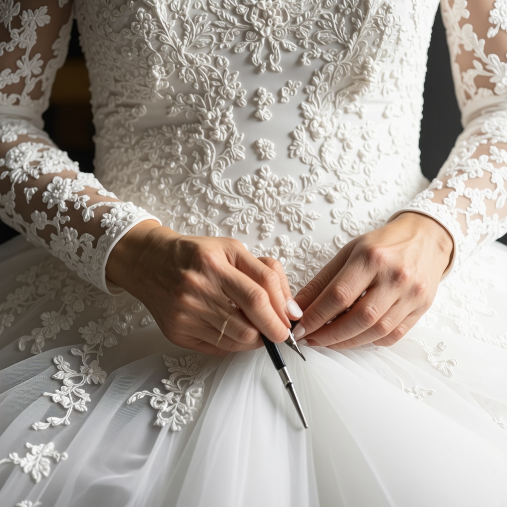 Conservator carefully restoring delicate silk and lace wedding dress fabrics