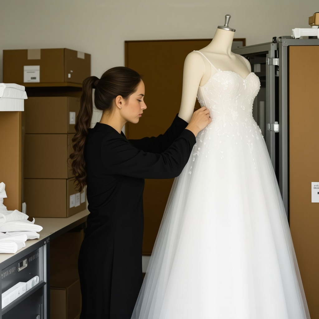 Textile conservator inspecting vintage wedding gown in preservation studio with archival materials