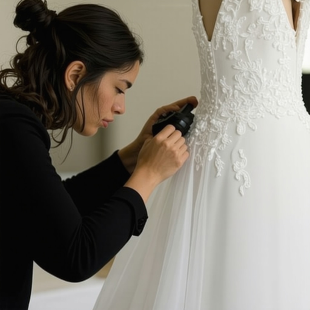 Textile conservator examining delicate vintage bridal gown under magnification in Tampa cleaning studio