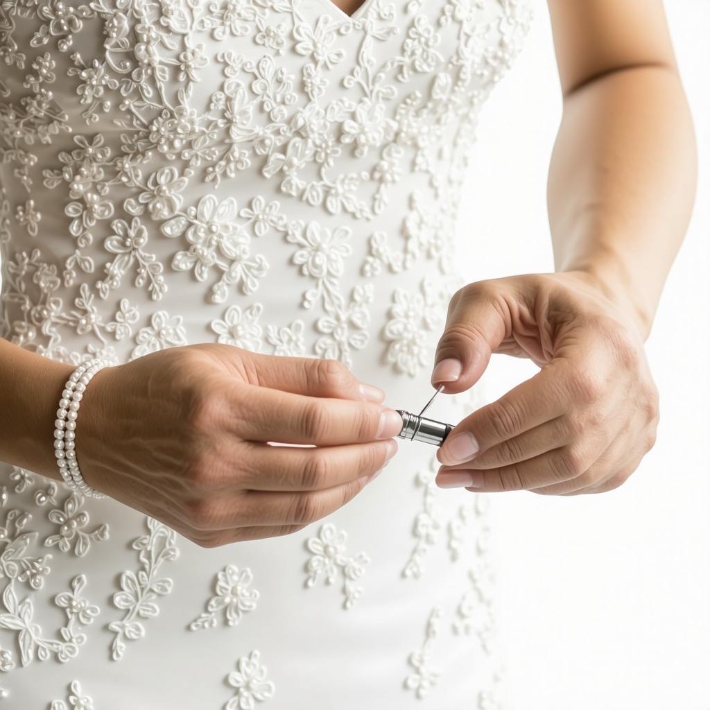 Close-up of expert conservator gently cleaning vintage wedding gown embellishments with eco-friendly solvents in Tampa