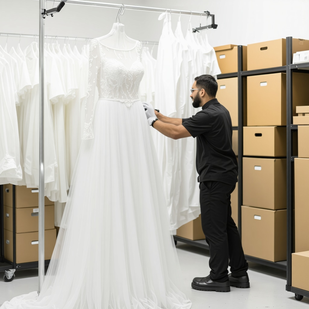 Textile conservator inspecting a wedding dress in a climate-controlled preservation laboratory