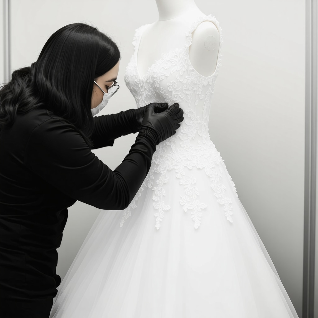 Conservator using ultrasonic cleaning on delicate silk and lace wedding gown in a climate-controlled preservation environment
