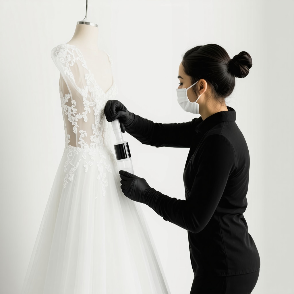 Professional cleaner applying eco-friendly solvent to delicate lace wedding dress in Tampa studio