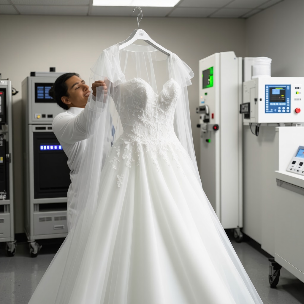 Professional cleaner handling vintage silk lace wedding dress with eco-friendly solvents in Tampa cleanroom with humidity monitors