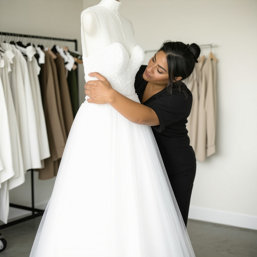 Bridal gown expert treating wedding dress with eco-friendly products in Tampa workshop