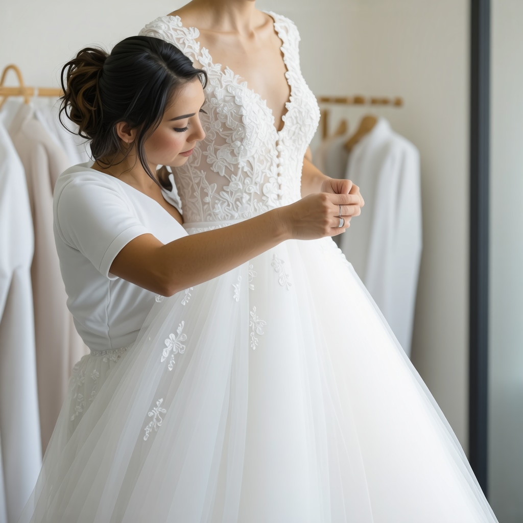 Professional cleaner treating delicate lace wedding dress with advanced solvent in humidity-controlled Tampa facility