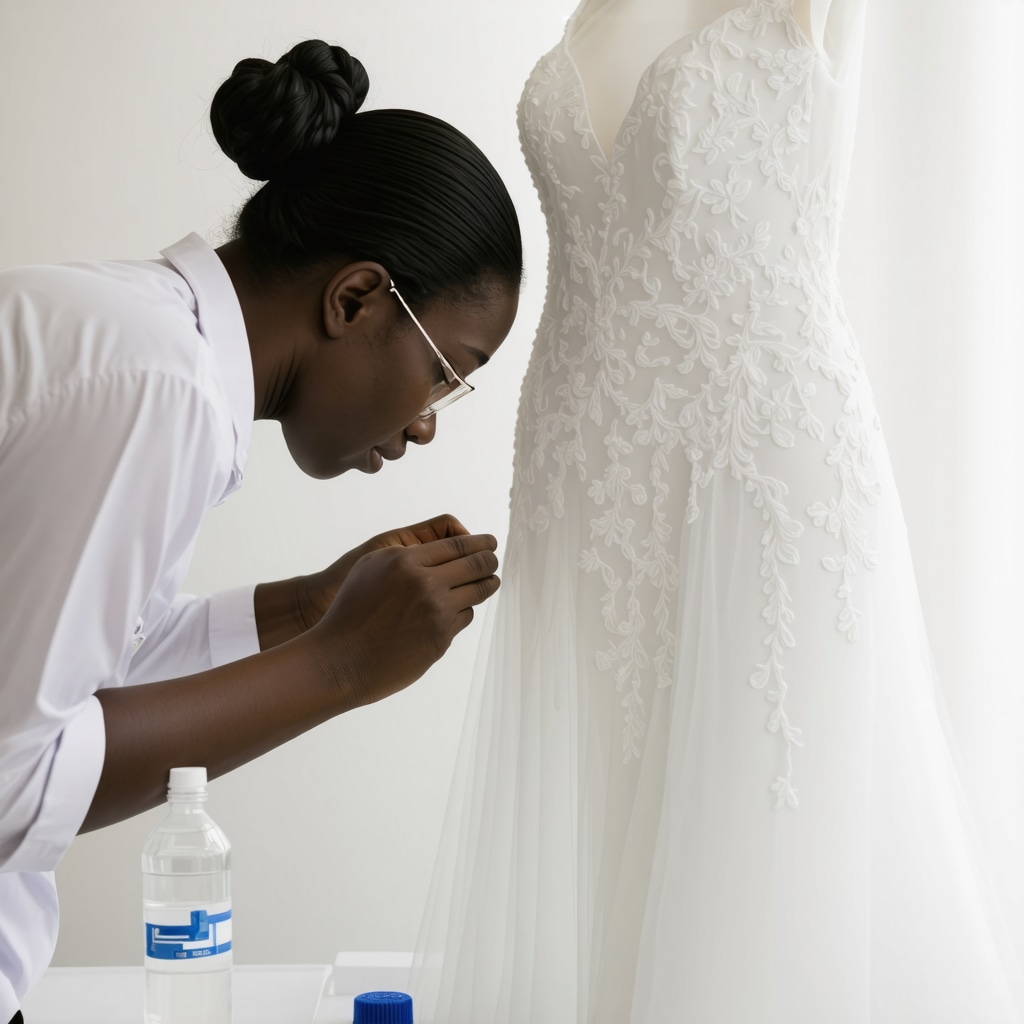 Professional conservator examining delicate wedding dress fabric with enzyme cleaners and archival storage boxes in Tampa
