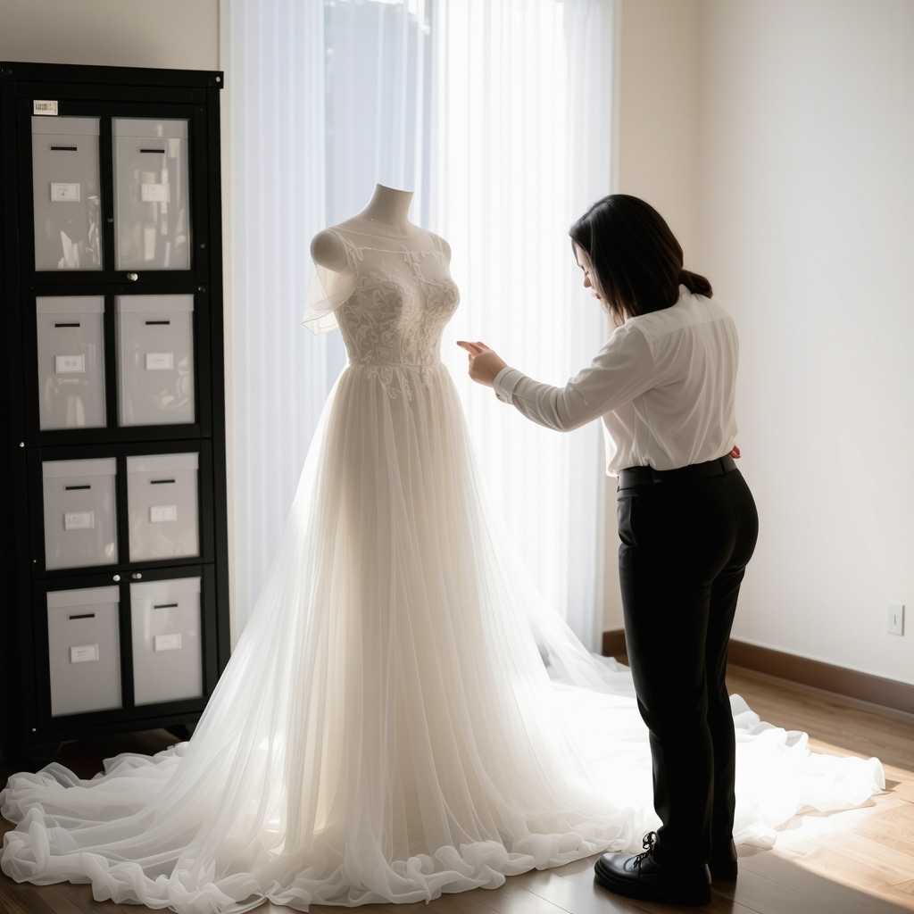 Bridal gown preservation experts examining a vintage wedding dress in Tampa Bay studio with climate-controlled storage