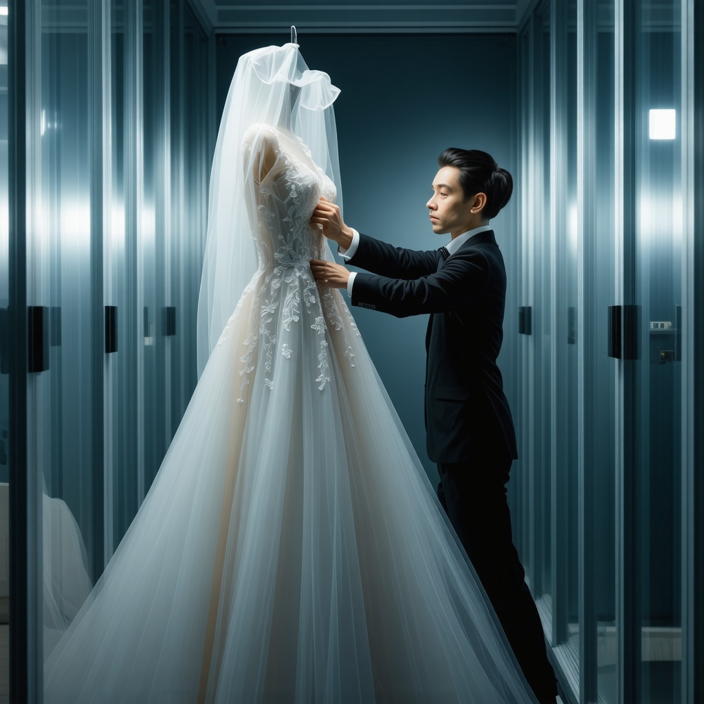 Wedding dress preservation specialist handling delicate lace gown with advanced climate control sensors in Tampa