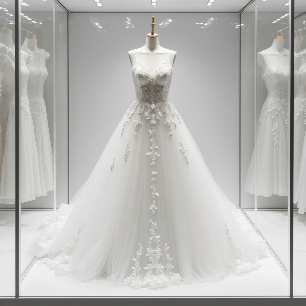 Wedding dress with lace and beadwork stored in a climate-controlled archival box
