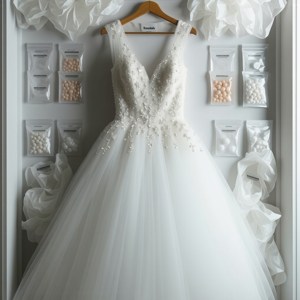 Bridal gown carefully preserved in an acid-free box with silica gel packets in Tampa's humid climate