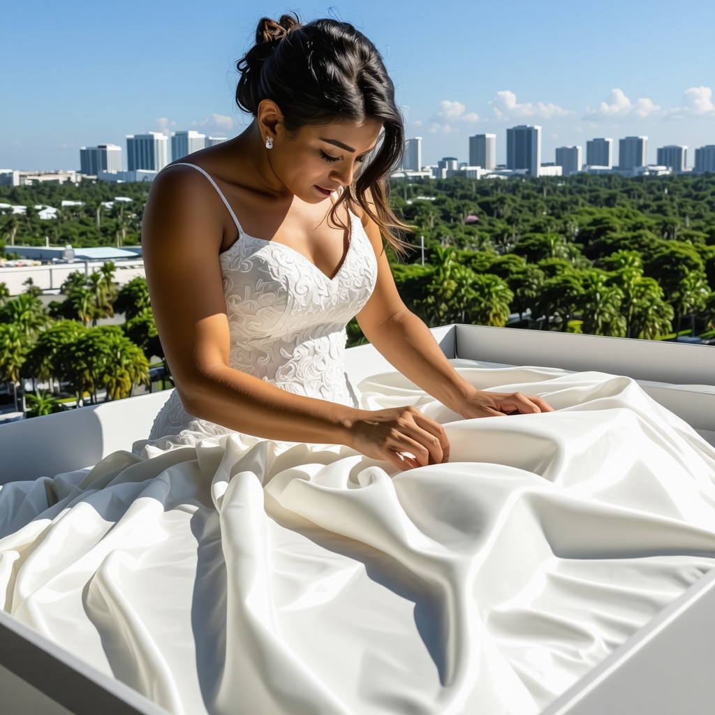 Conservator preserving silk wedding gown in archival box with advanced materials, Tampa background