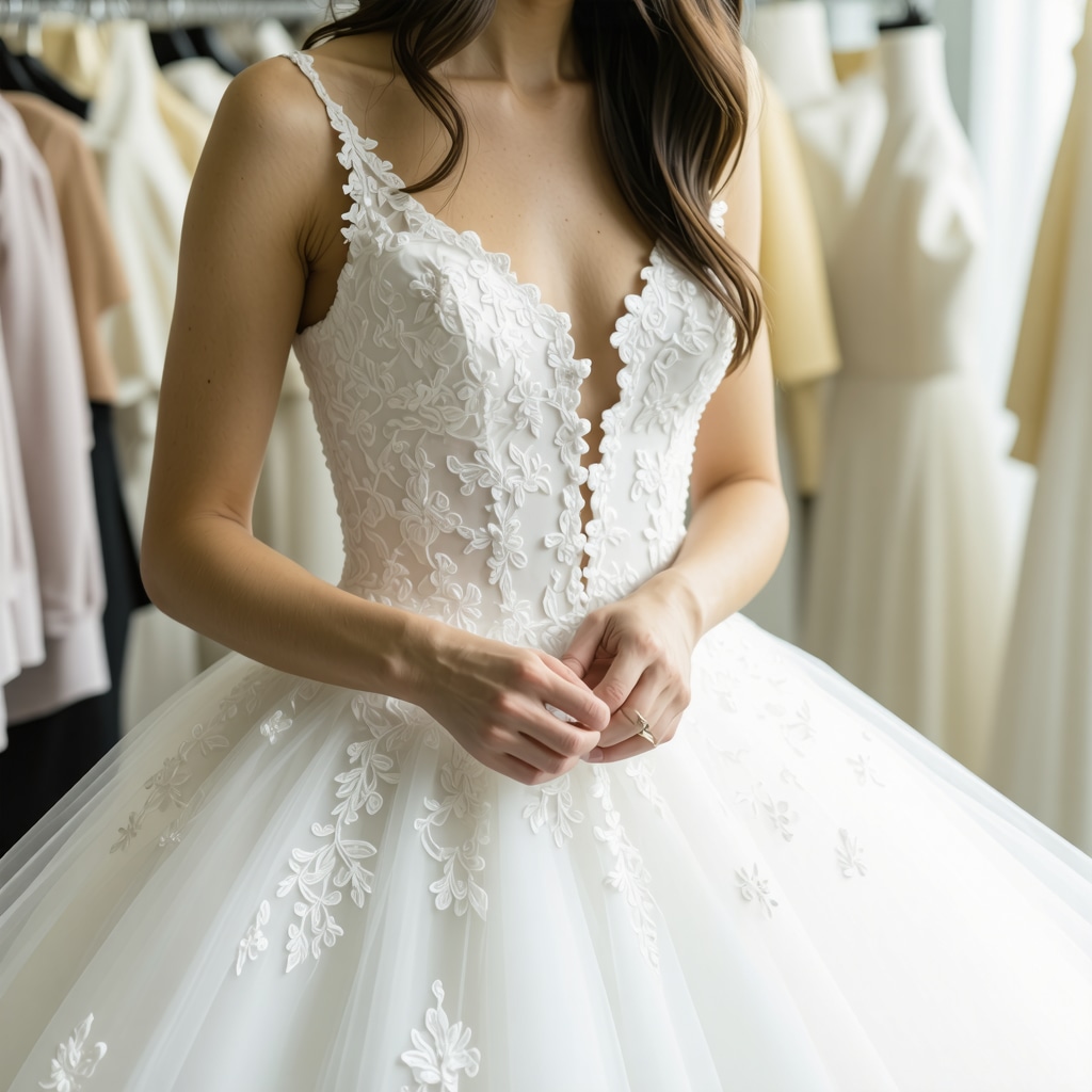 Wedding dress restoration specialist hand-sewing lace on vintage gown in climate-controlled Tampa workshop