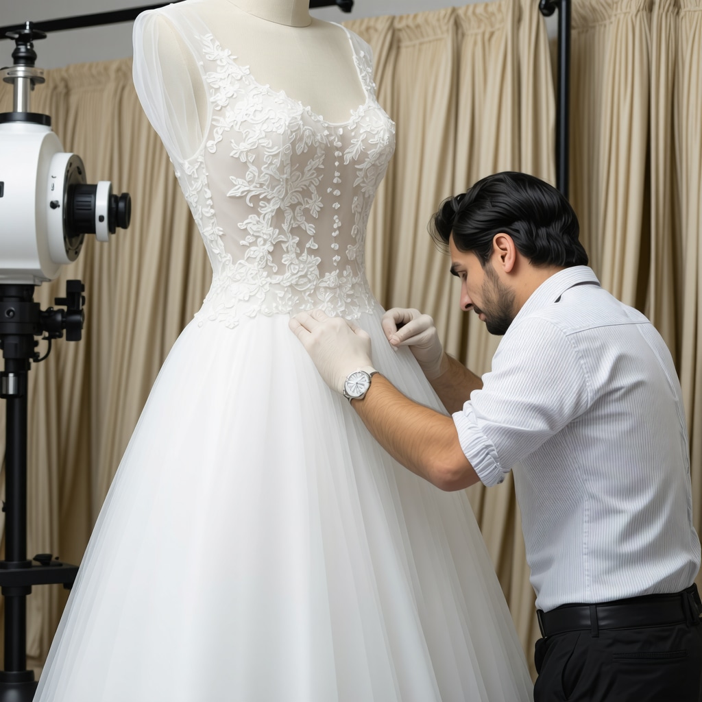 Professional restoration of vintage wedding gown using advanced textile analysis tools in a bright studio