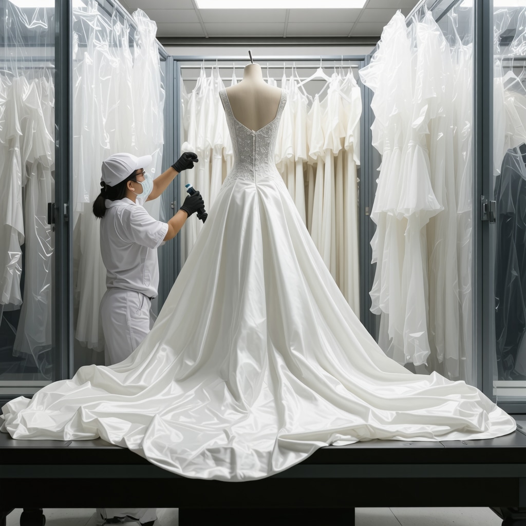 Professional conservator applying enzymatic cleaner to satin wedding dress in preservation room with acid-free boxes