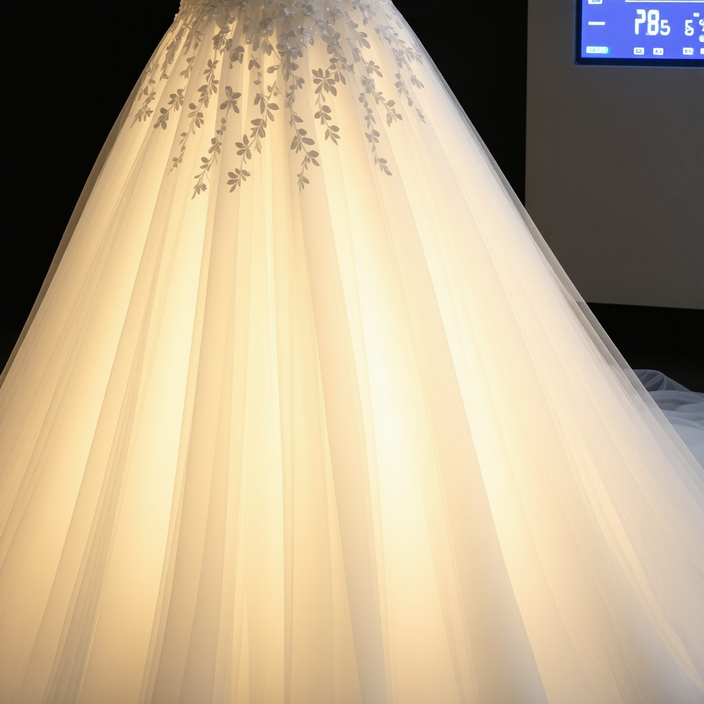 Wedding gown fabric protected by UV nanocoating with humidity control and archival storage materials