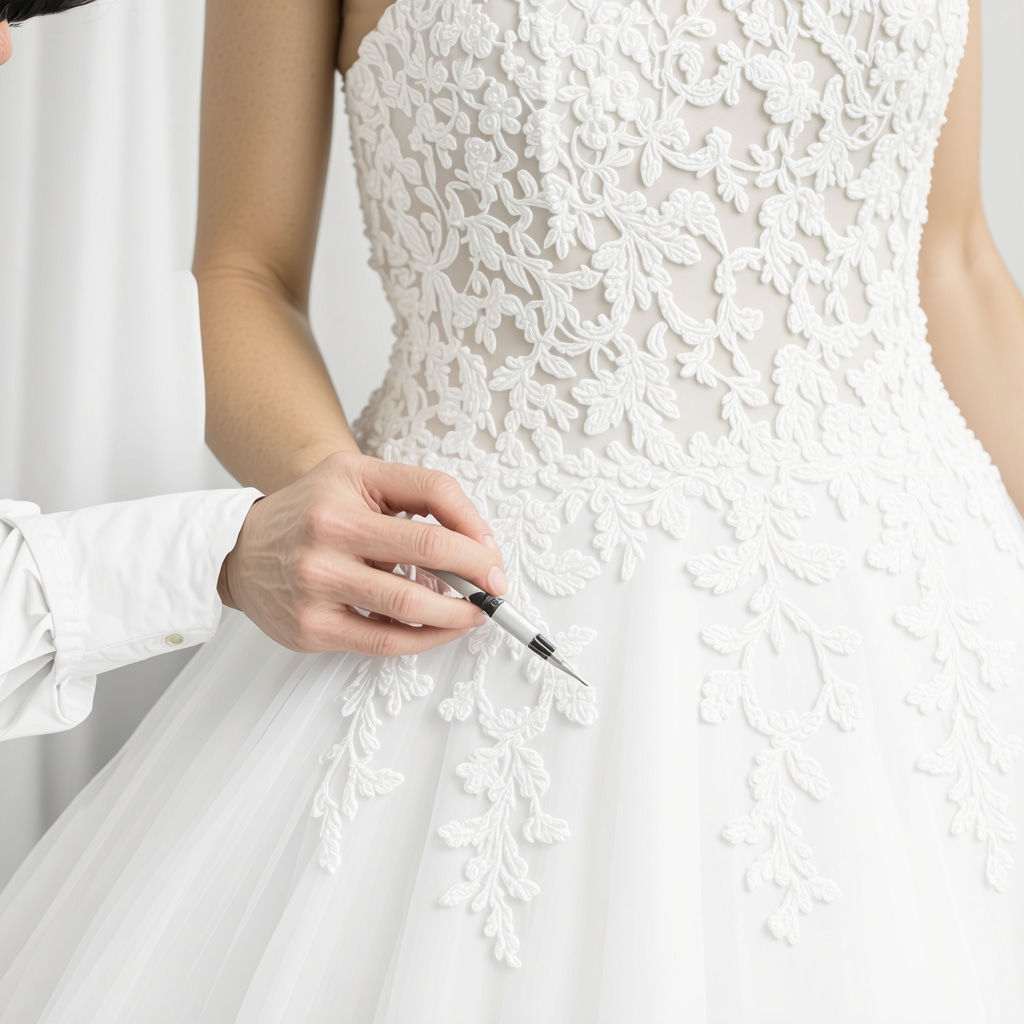 Conservator restoring lace and silk on a vintage wedding dress in Tampa