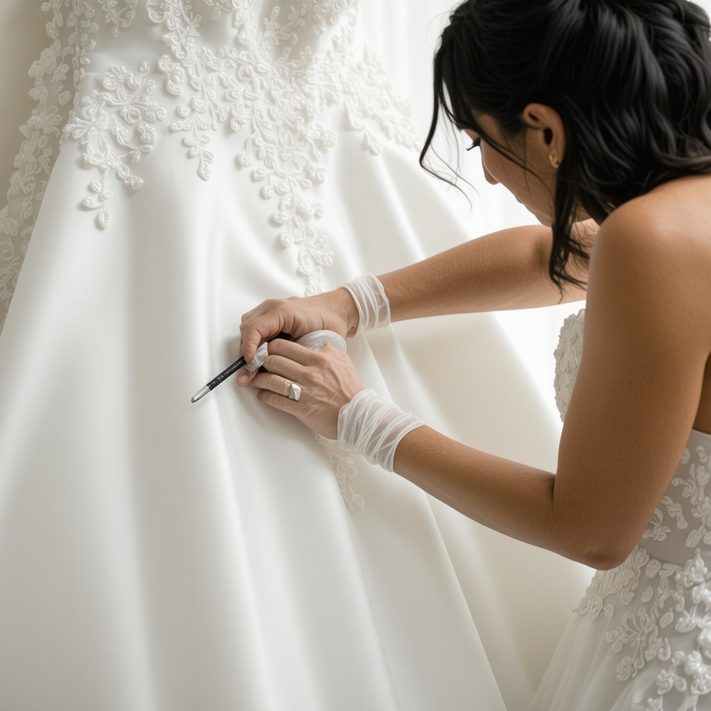 Specialist applying advanced eco-friendly stain removal on delicate silk wedding dress in Tampa