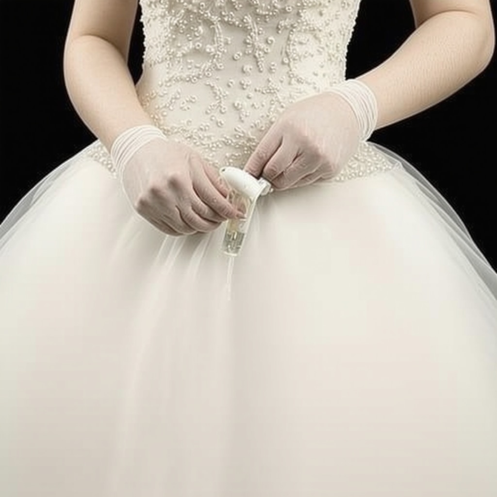 Wedding dress being carefully cleaned by professionals using eco-friendly solvents in Tampa