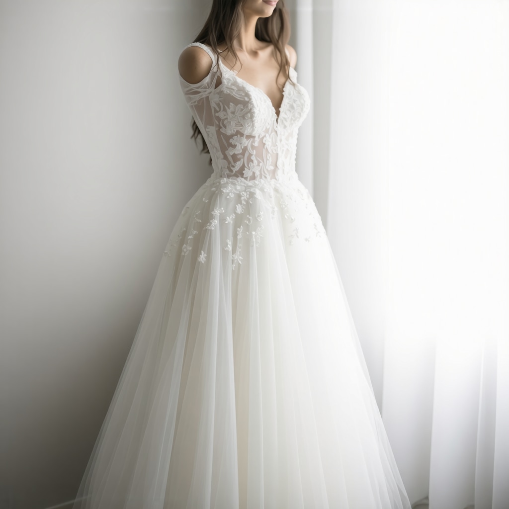 An expert cleaner examining a vintage wedding gown with detailed lace and beadwork in a Tampa studio