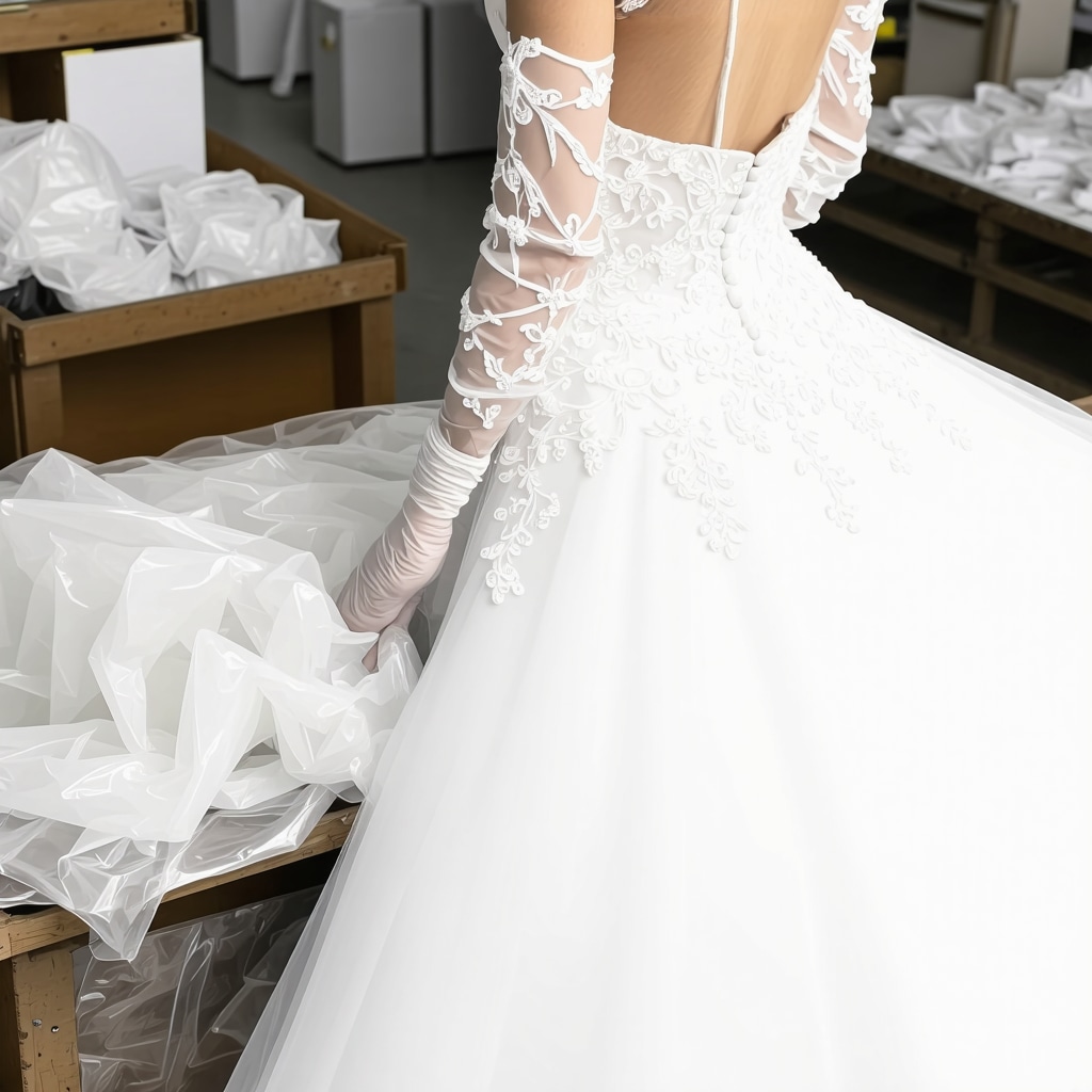 Professional conservator carefully preserving a luxury wedding gown with archival materials in Tampa