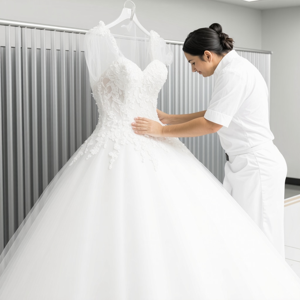Professional cleaning of a vintage wedding dress with ultrasonic equipment in Tampa