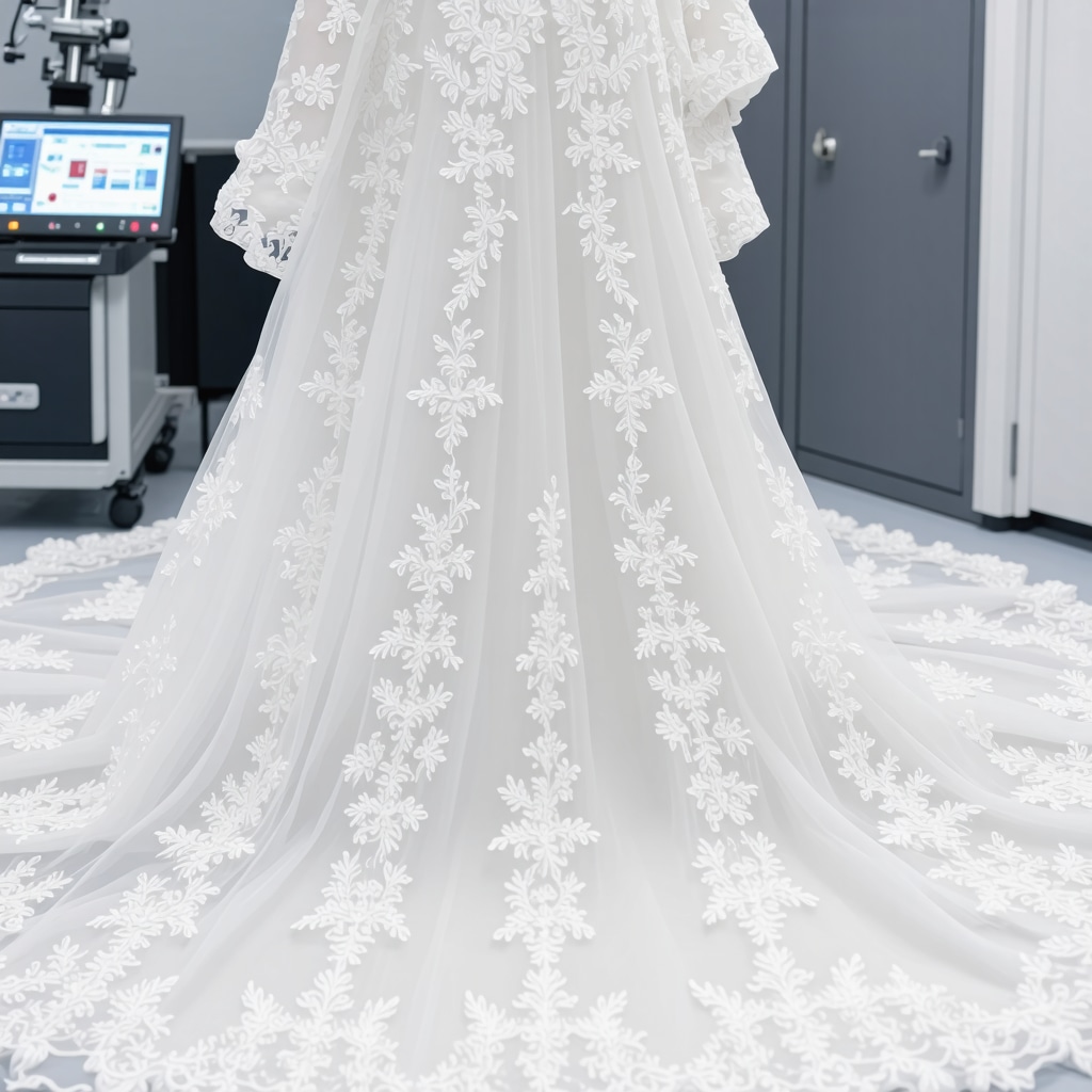 Wedding gown being analyzed using hyperspectral imaging technology for fabric preservation in Tampa