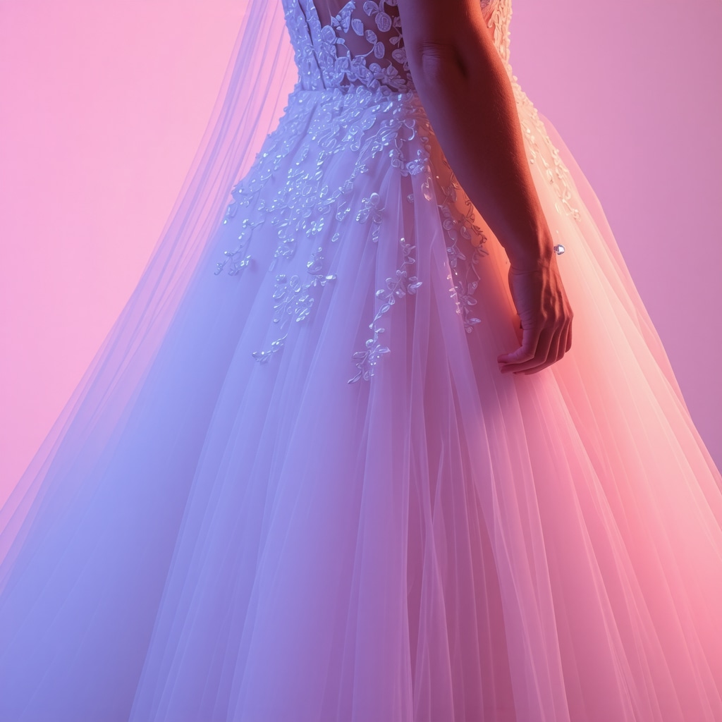 Bridal gown fabric illuminated with UV light highlighting invisible stains detected by advanced hyperspectral imaging