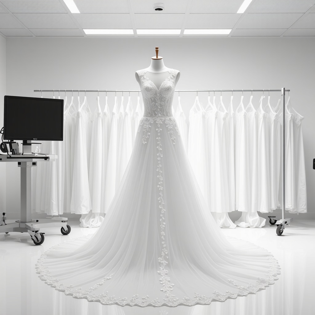 Hyperspectral imaging system analyzing a delicate wedding dress in a specialized cleaning laboratory