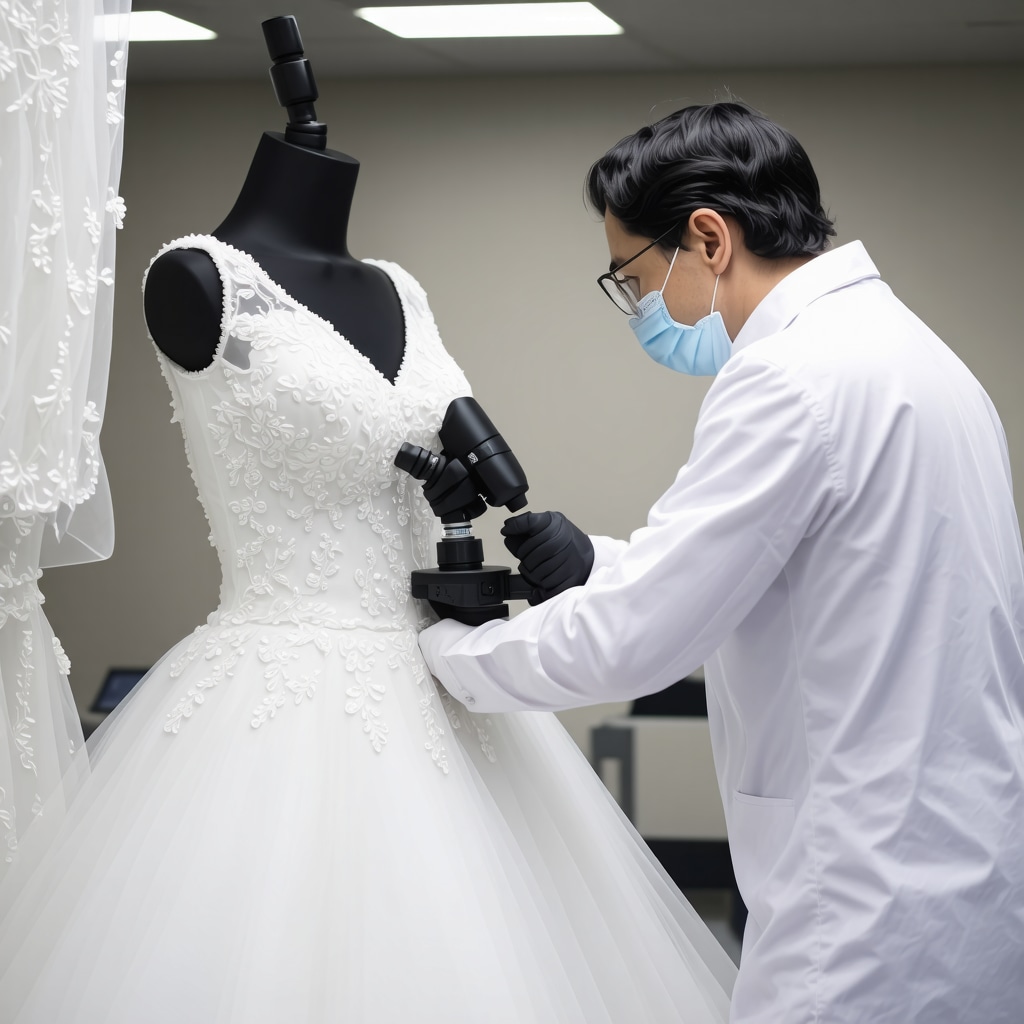 Textile conservator analyzing delicate wedding dress fabric using infrared spectroscopy equipment