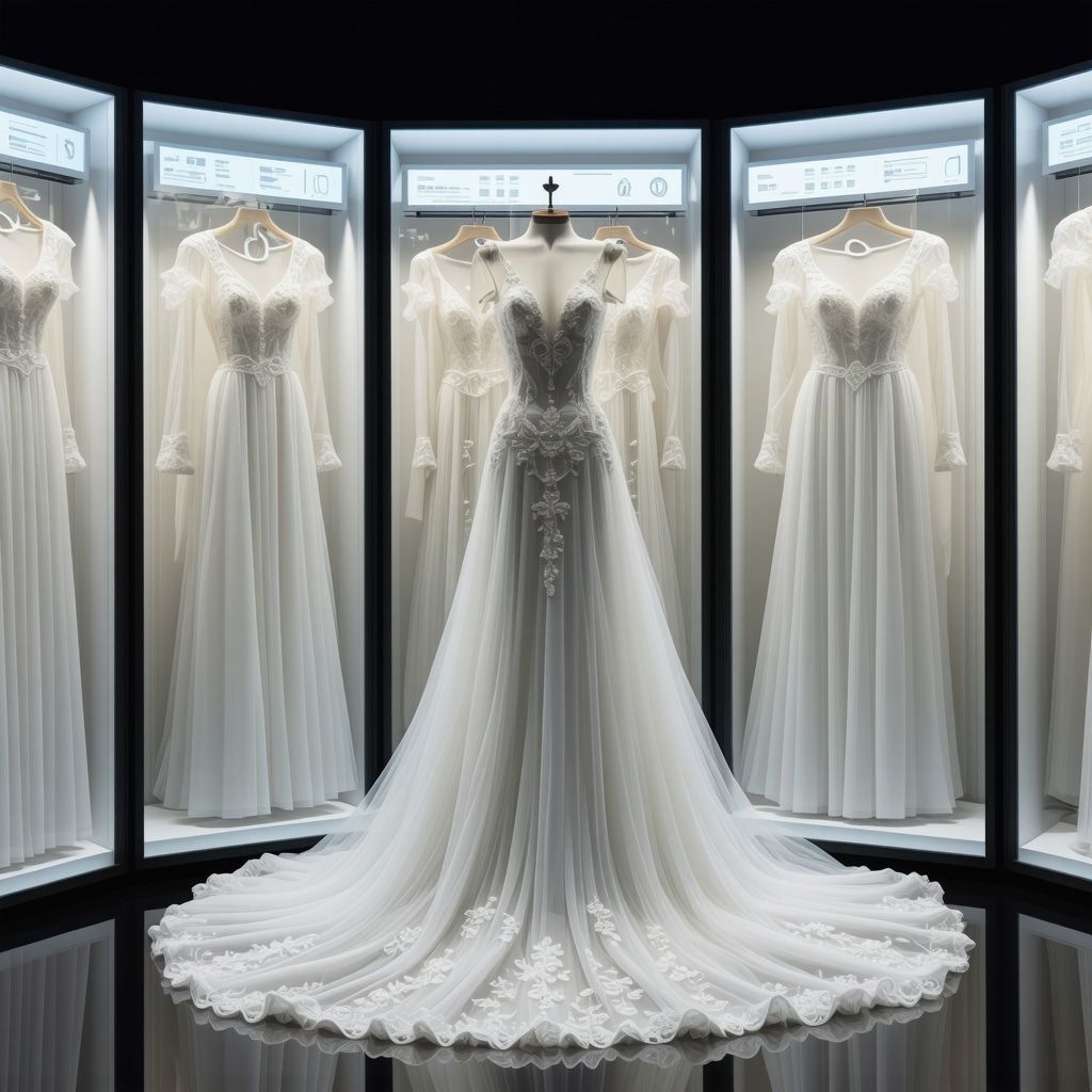 Wedding gowns preserved in climate-controlled room with IoT sensors displaying environmental data