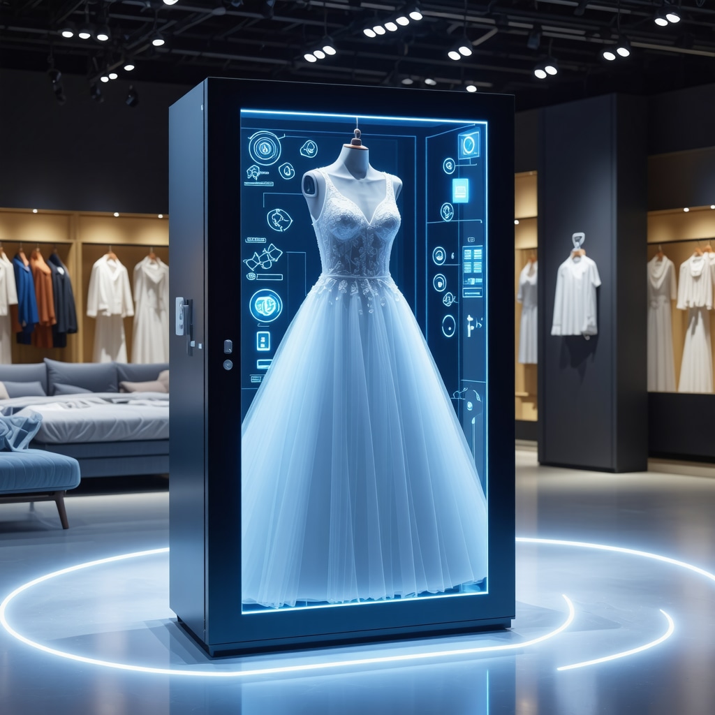Smart wedding dress preservation box with digital controls and nanotechnology symbols in bridal care environment
