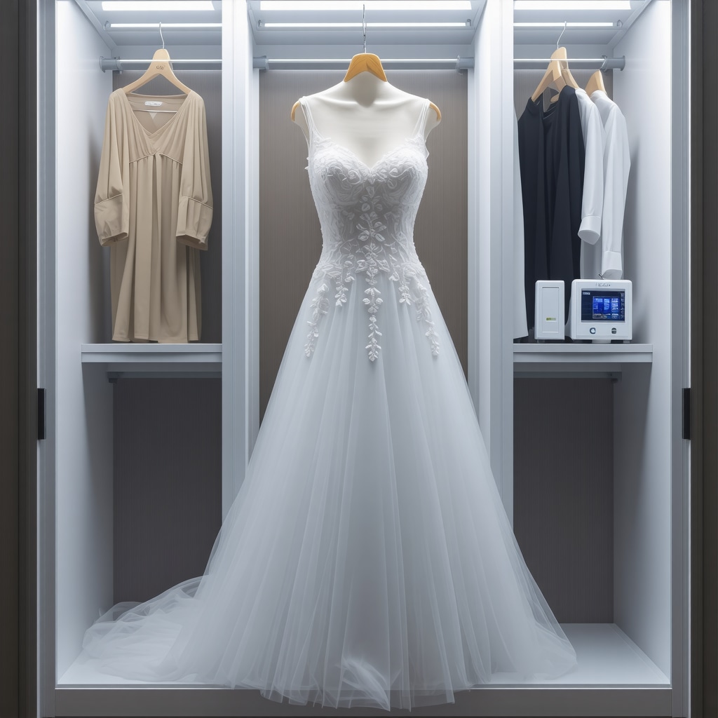 Luxury wedding dress in acid-free storage box with humidity control and eco-friendly preservation measures in Tampa