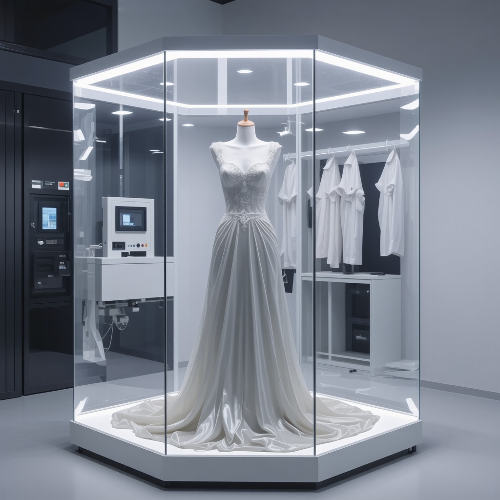 Microclimate-controlled display case with satin bridal gown and environmental controls
