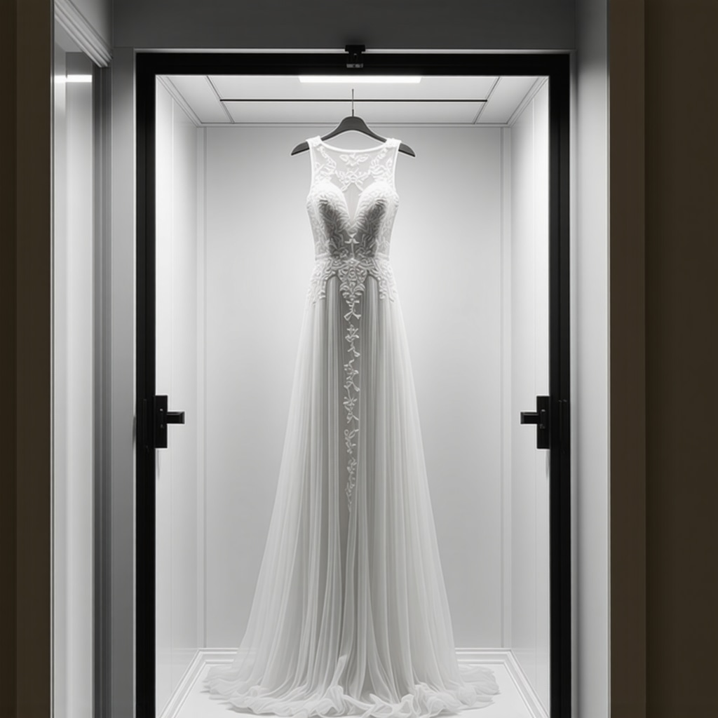 Controlled microclimate storage chamber with sensors preserving a delicate silk wedding dress