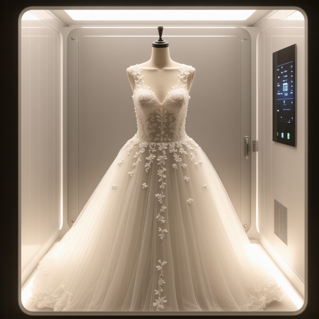 Wedding dress preserved inside a high-tech microclimate box with digital sensors monitoring humidity and temperature