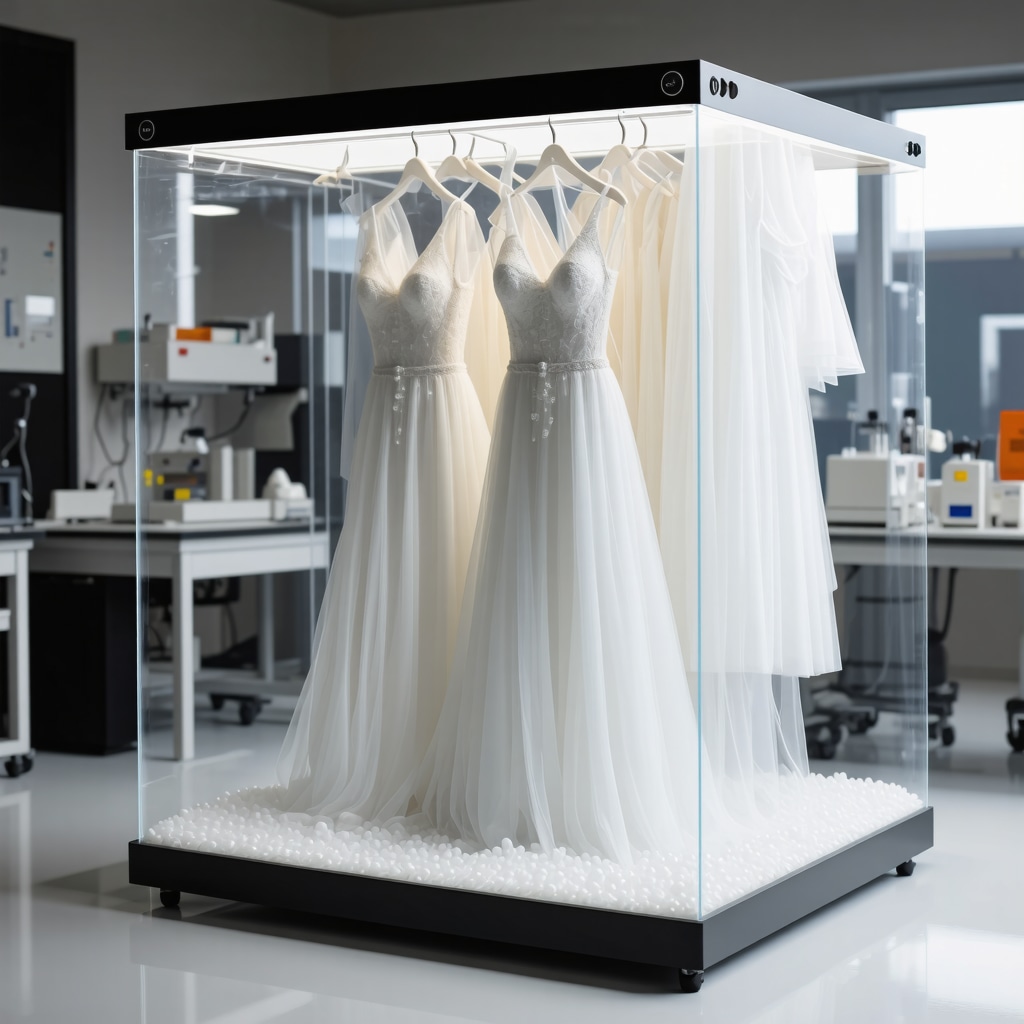Microclimate enclosure featuring silica gel and humidity sensors inside archival storage for wedding gown preservation