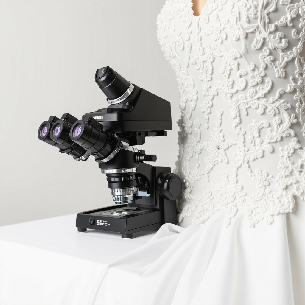 Microscopic detail of silk and lace fibers with a smart climate-controlled storage container for bridal gowns