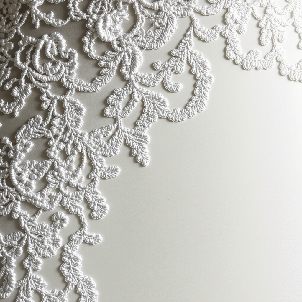 Microscopic view of delicate wedding dress fabric fibers and stains