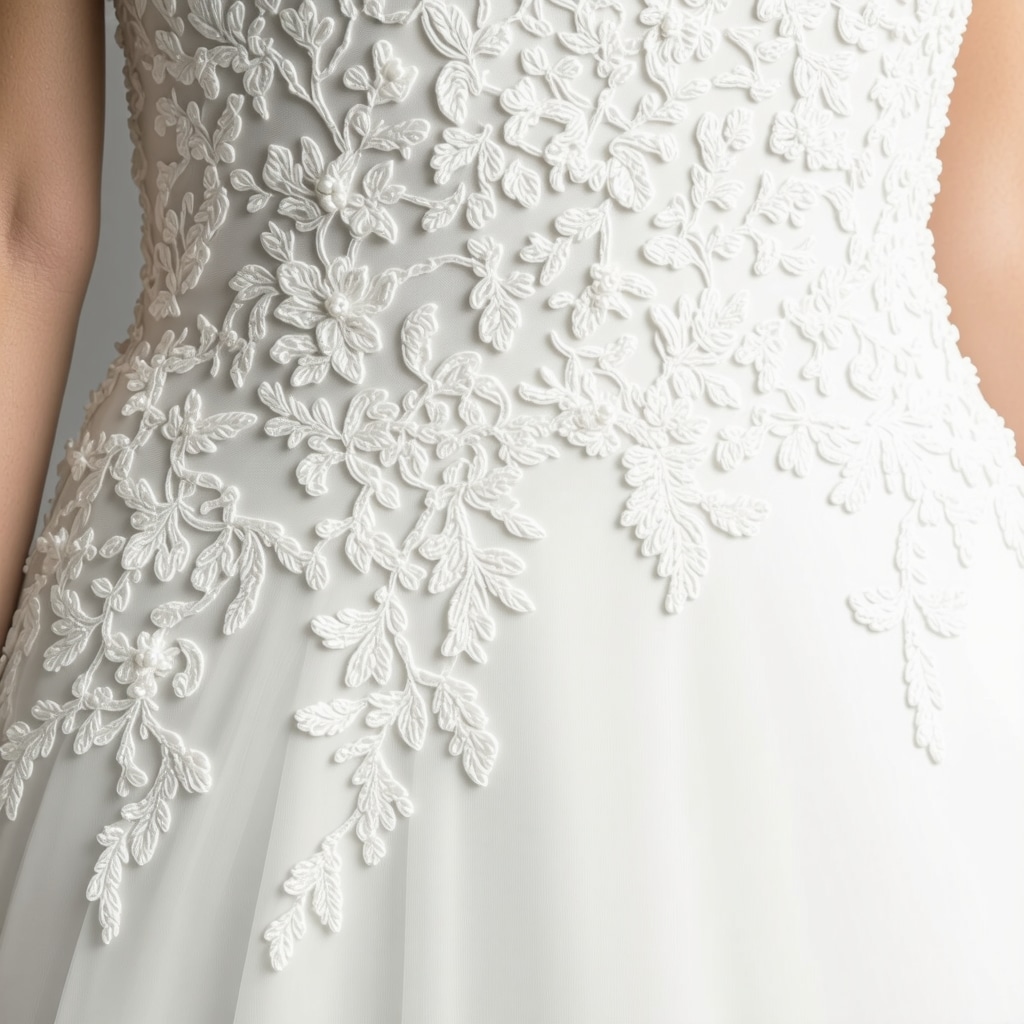 Close-up view of wedding dress fabric fibers under microscope with eco-friendly cleaning application